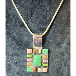 Square Enamel hinged Neck Slide With Multicolor Stones Signed BEST, Exc Cond